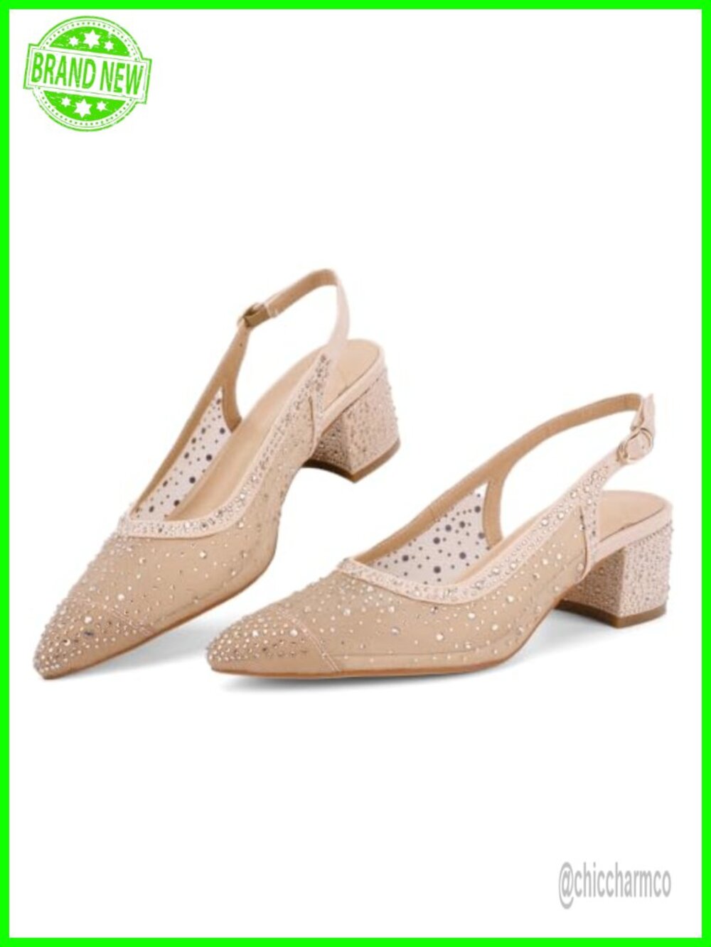 Rhinestone Mesh Slingback Heels Chunky Block Pointed Toe Pumps Wedding
